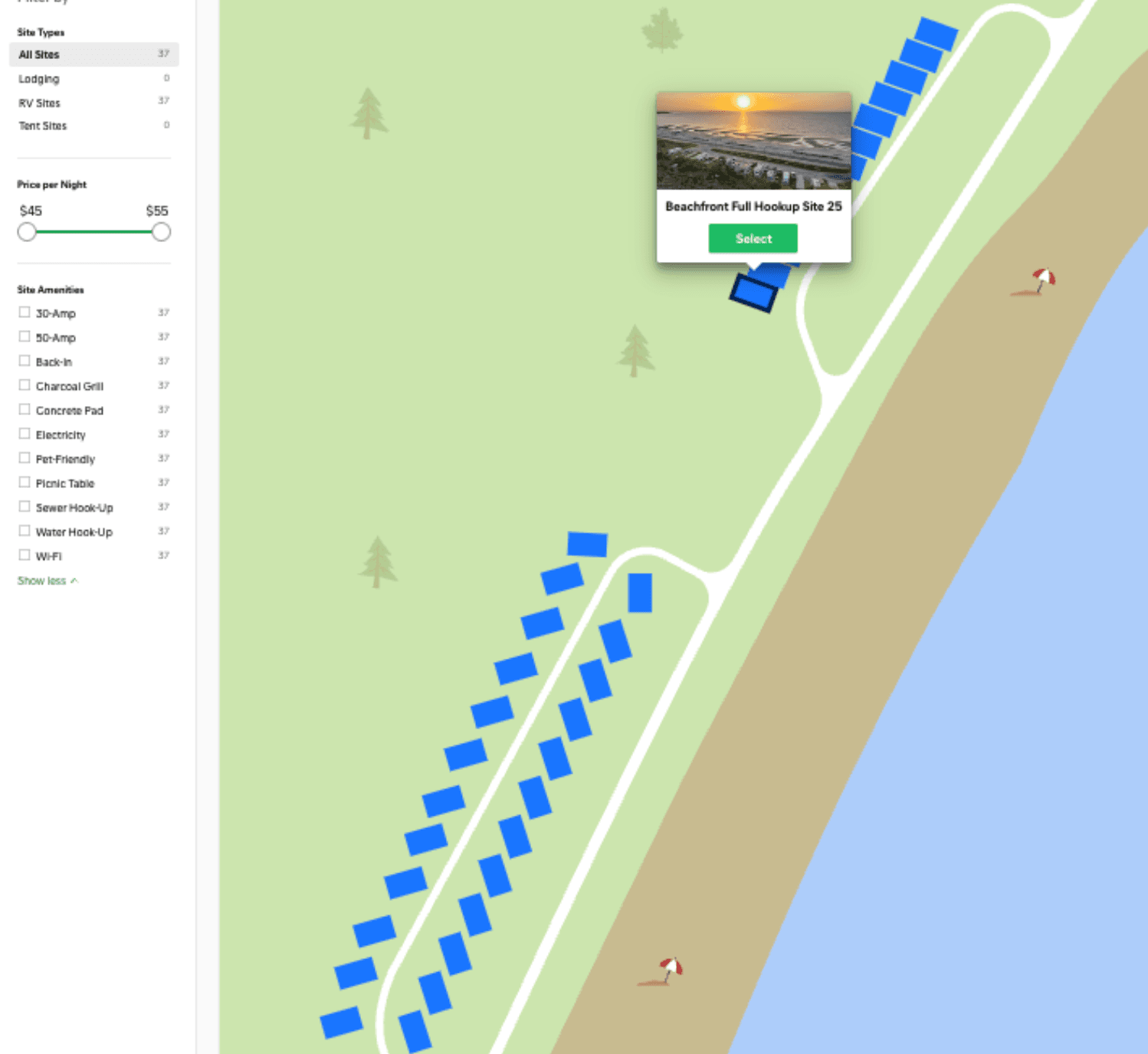The Campspot booking map showing all 37 beachfront full-hookup sites